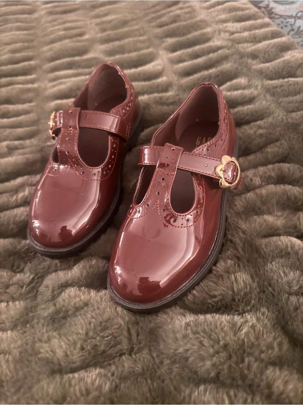 GAP Girls Patent Mary Janes in Deep Burgundy with Gold Buckle